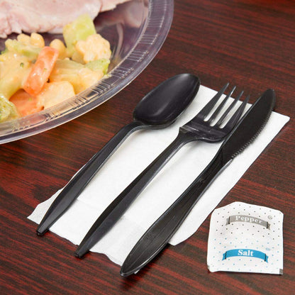 150 Plastic Cutlery Packets - Knife Fork Spoon Napkin Salt Pepper Sets | Black Plastic Silverware Sets Individually Wrapped Cutlery Kits, Bulk Plastic Utensil Cutlery Set Disposable To Go Silverware