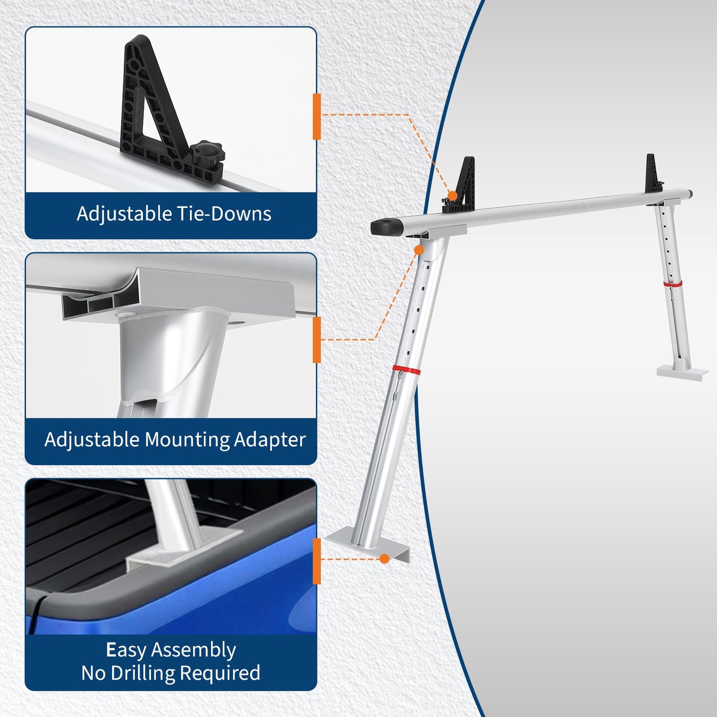 Adjustable Aluminum Pickup Ladder Rack – 35.4" to 71" Width, 800 Lb Heavy Duty 2-Bar Truck Bed Rack with No-Drill c-Clamp Mount – Utility Hauler for Kayaks, Lumber, Surfboards & Ladders – Silver
