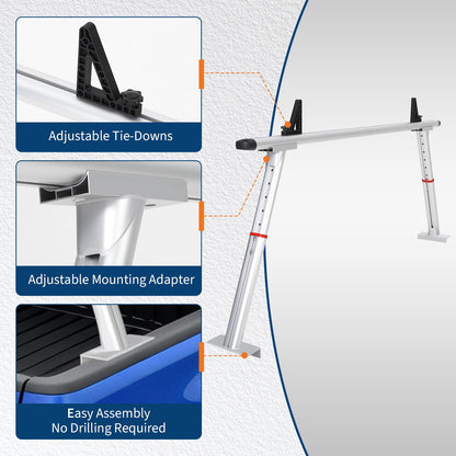 Adjustable Aluminum Pickup Ladder Rack – 35.4" to 71" Width, 800 Lb Heavy Duty 2-Bar Truck Bed Rack with No-Drill c-Clamp Mount – Utility Hauler for Kayaks, Lumber, Surfboards & Ladders – Silver