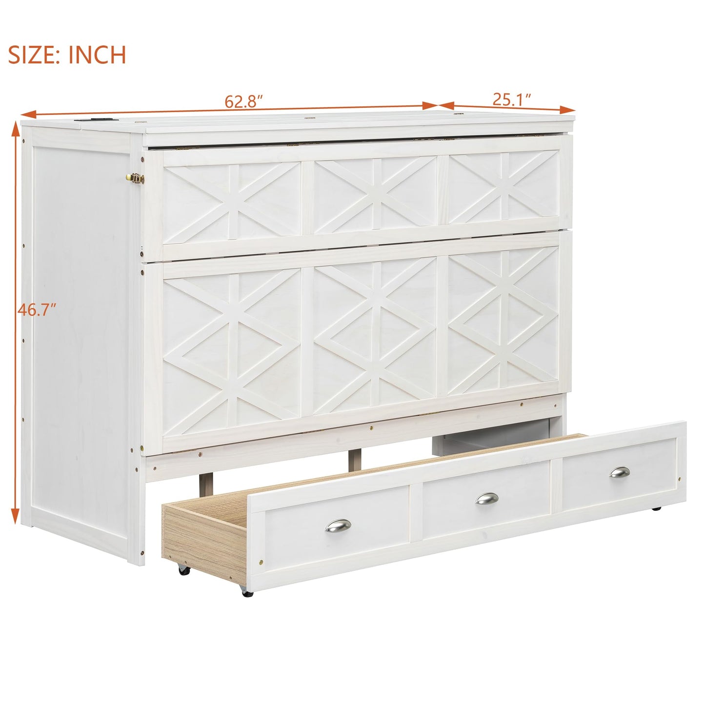 Merax Queen Size Murphy Bed Cabinet with Charging Station and Storage Drawer, Wooden Foldable Platform Bed Frame for Home Office Small Room, White