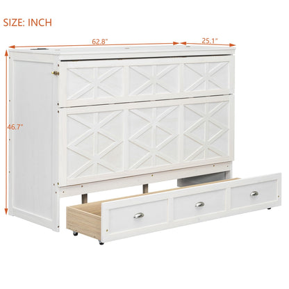 Merax Queen Size Murphy Bed Cabinet with Charging Station and Storage Drawer, Wooden Foldable Platform Bed Frame for Home Office Small Room, White
