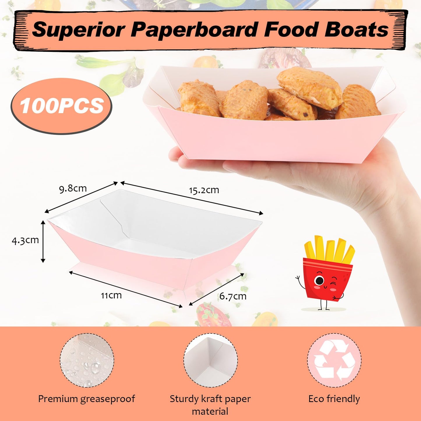 Yinkin 100 Pcs 2lb Paper Food Trays Boat 2lb Disposable Nacho Trays Kraft Paper Boat for Tacos Concession Easter Graduation Birthday Wedding Christmas Halloween Valentine Party Supplies(Light Pink)