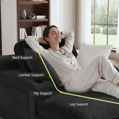 67" Oversized Chaise Lounge Chair Indoor, Soft Boneless Cloud Couch with 3 Pillows, 4 Side Pockets and 2 Cup Holders, Comfy Corduroy Sleeper Couch for Living Room Bedroom
