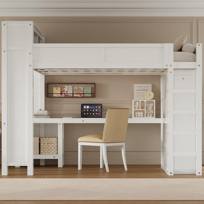 Merax Queen Loft Bed Frame with Desk and Wardrobe, Headboard with Storage & Charging Station, Wood Loft Bunk Bed with Solid Slats & Guardrail, No Box Spring Needed, Space-Saving, Noise Free, White