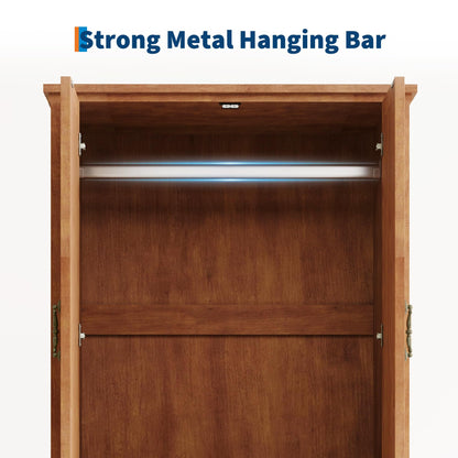 IDEALHOUSE Farmhouse Armoire Wardrobe Closet with Drawers, 71" Tall Freestanding 2 Door Armoire Wardrobe Storage Cabinet with Hanging Rod, Wooden Colthing Closet, V Shape, for Bedroom, Retro Brown