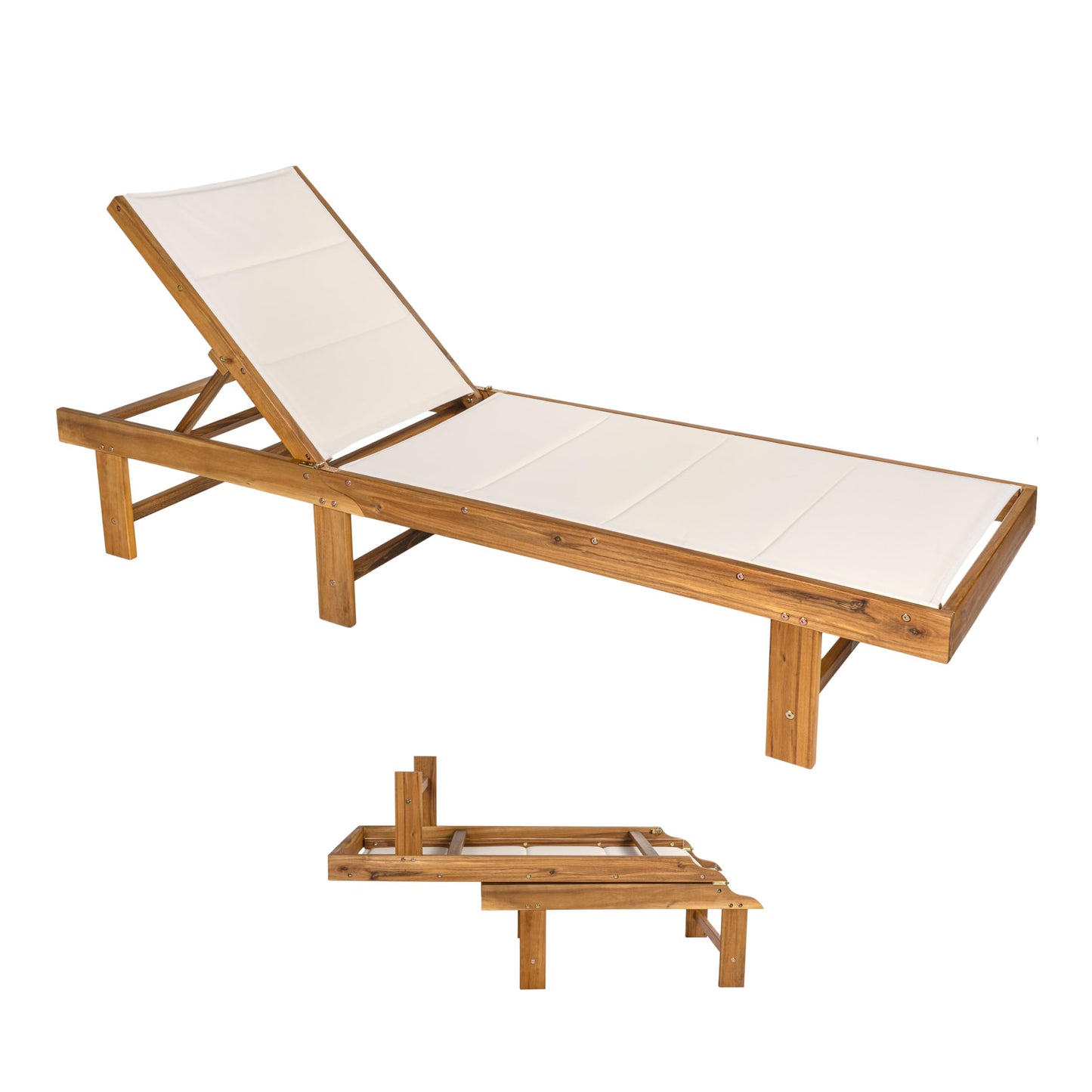 Eyely GNL1103A Quenyth 77.17"x26.38" Modern Minimalist Foldable Adjustable Wood Chaise Outdoor Lounge Chair, for Pool, Deck, Poolside, White/Natural