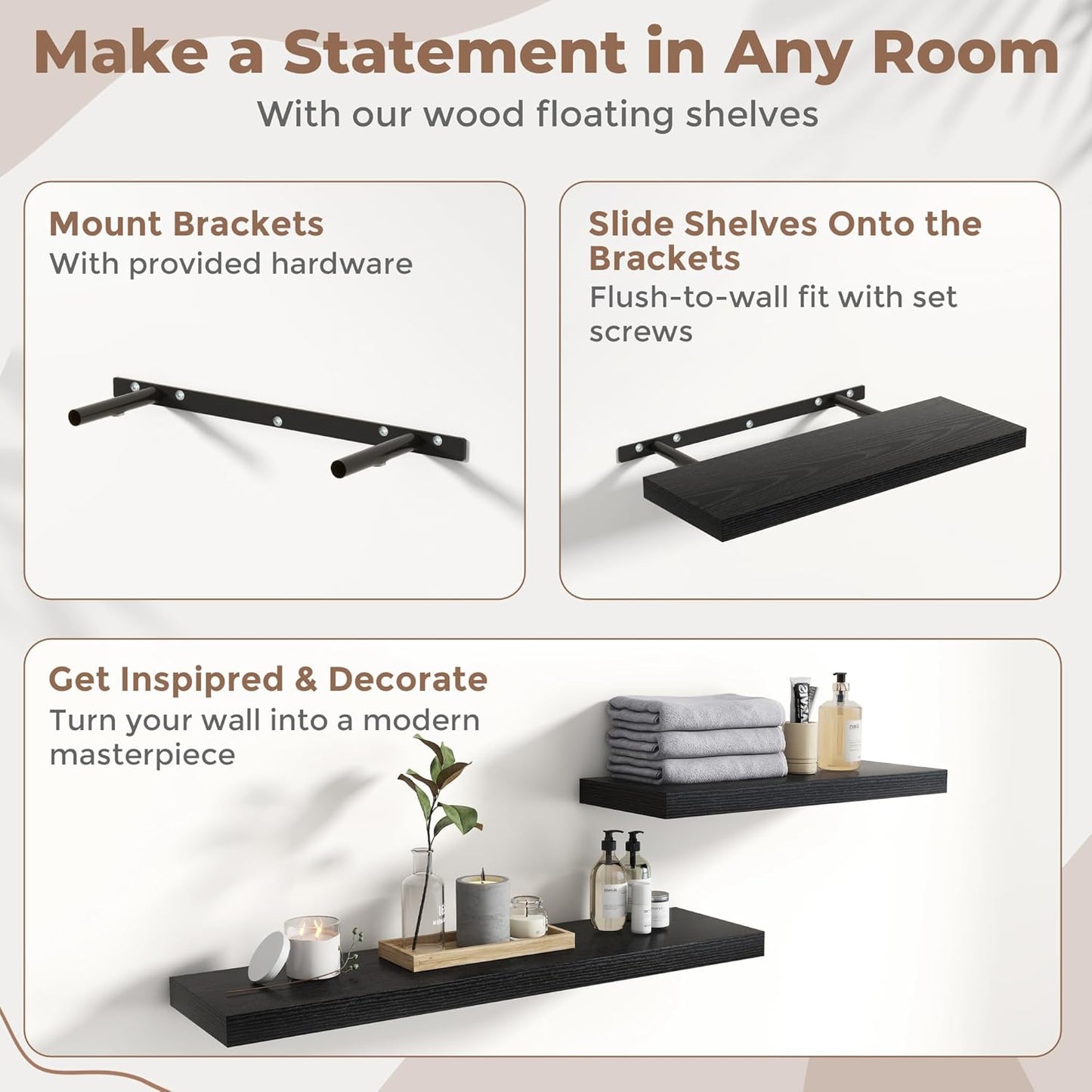 16 Inch Set 2, 8"D Floating Shelves for Wall of Wood Grain Bathroom Shelves with Invisible Brackets, Easy Install