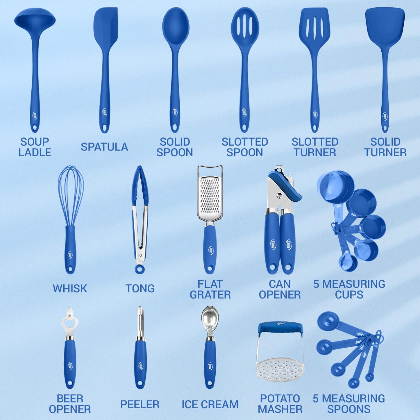 Kaluns Silicone Kitchen Utensils Set 24 Pcs Cooking Utensils Set - Can Opener, Masher, Turner, Spatula 446°F Heat Resistant Non-Stick - Premium Silicone and Stainless Steel Utensil Set