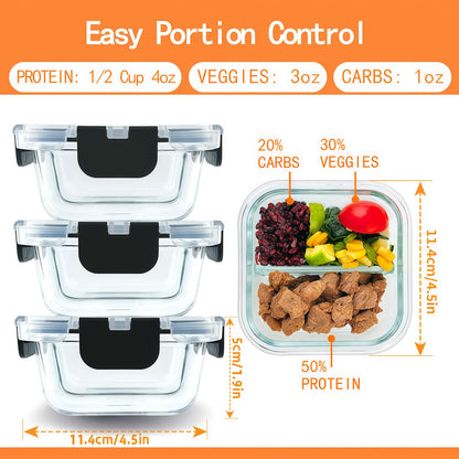 Nafhone Bariatric Meal Prep Containers, 8 oz Glass Bariatric Portion Control Containers with Two 4 oz Compartments (3 Pack), Reusable Lunch Box Bento Box with Lids, Glass Snack Containers with Lids