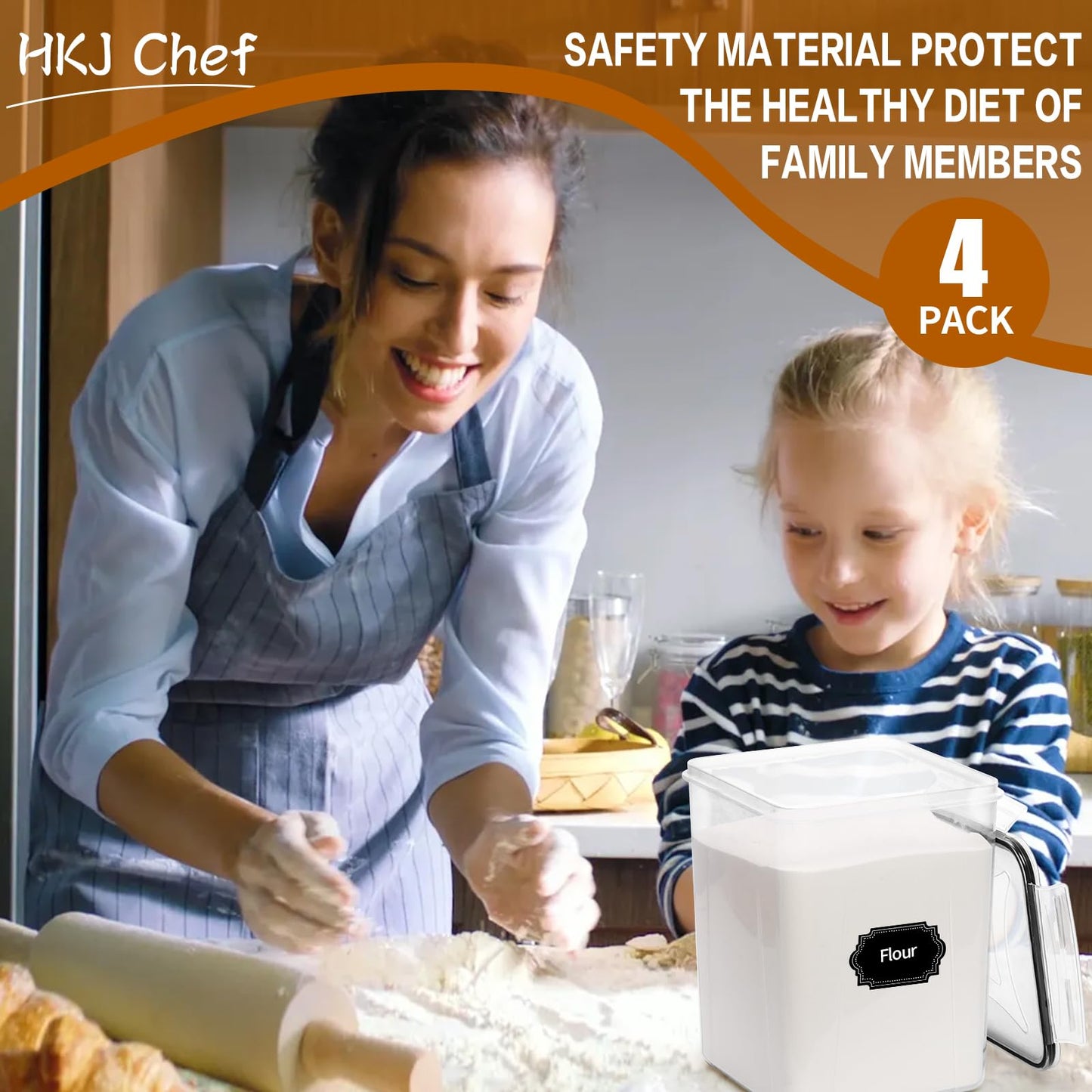 HKJ Chef 4 Pack Large Airtight Food Storage Containers with Lids (5.2L / 176oz), BPA Free Plastic Kitchen and Pantry Organization Contianers for Cereal Flour and Sugar Storage, Labels & Marker