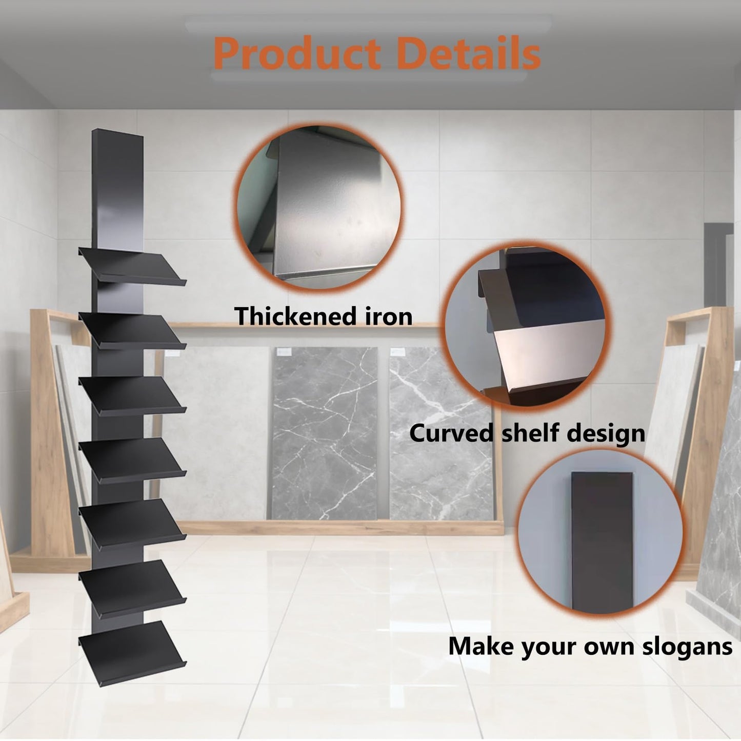 Heavy-Duty Wall Mount Tile Display Rack for Marble & Stone Samples, 7-Shelf Wooden Holder, Glass Sample Storage Stand for Retail, 30x20x170cm (11.8x7.9x66.9in)