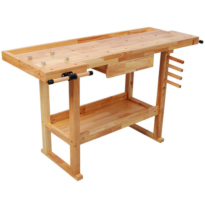 ABH 55 Inches Wood Workbench, Heavy Duty Woodworking Table with Adjustable Handle Vice, 300lbs Capacity Solid Wood Work with Storage Drawer Shelf for Garage, Workshop, Natural (1 Drawers)
