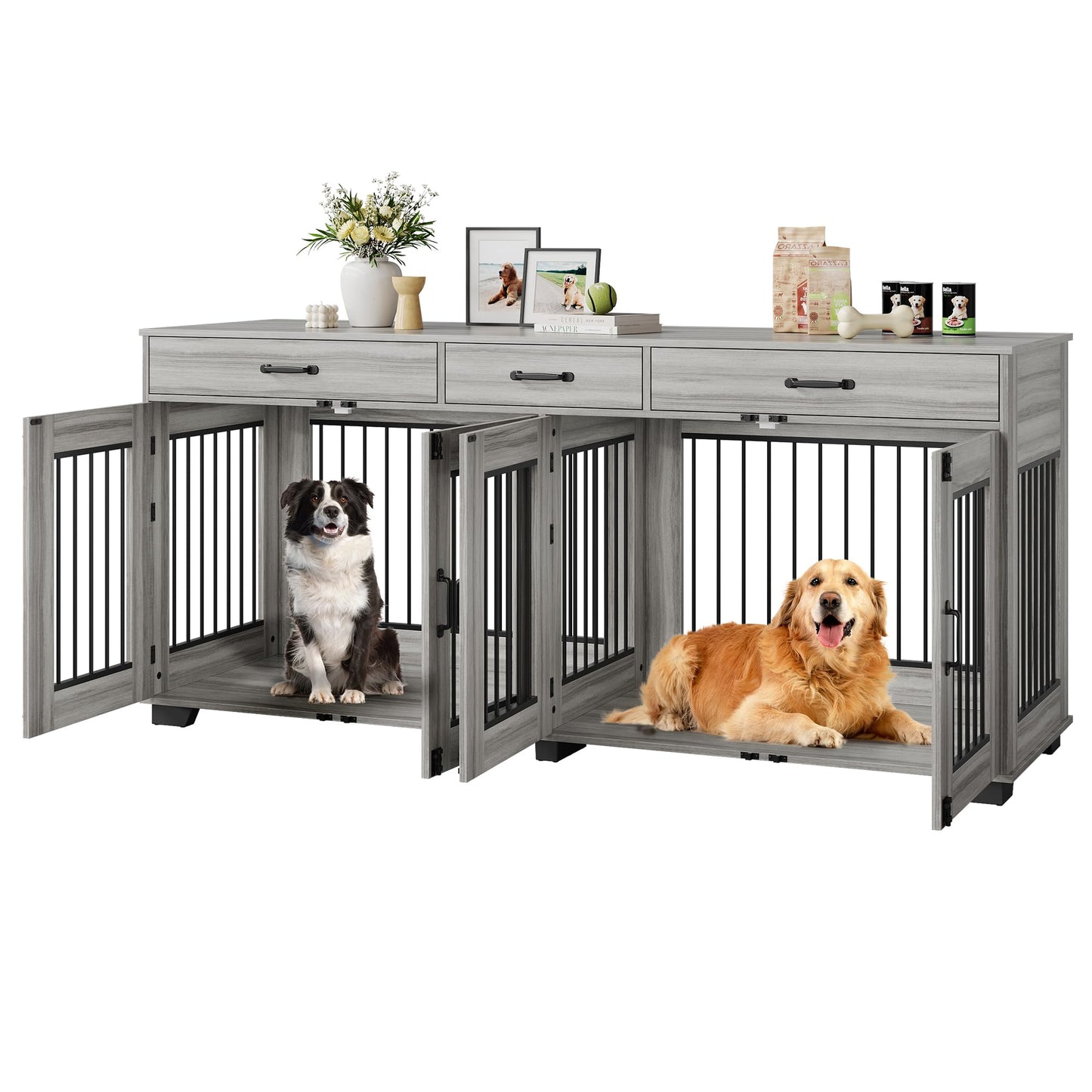 Garvee 71 Inch Large Dog Crate Furniture for 2 Dogs, Wooden Double Dog Crate Large Breed with Door, Dog Kennel Indoor, TV Stand End Table with Divider for Large Medium Dogs,Grey