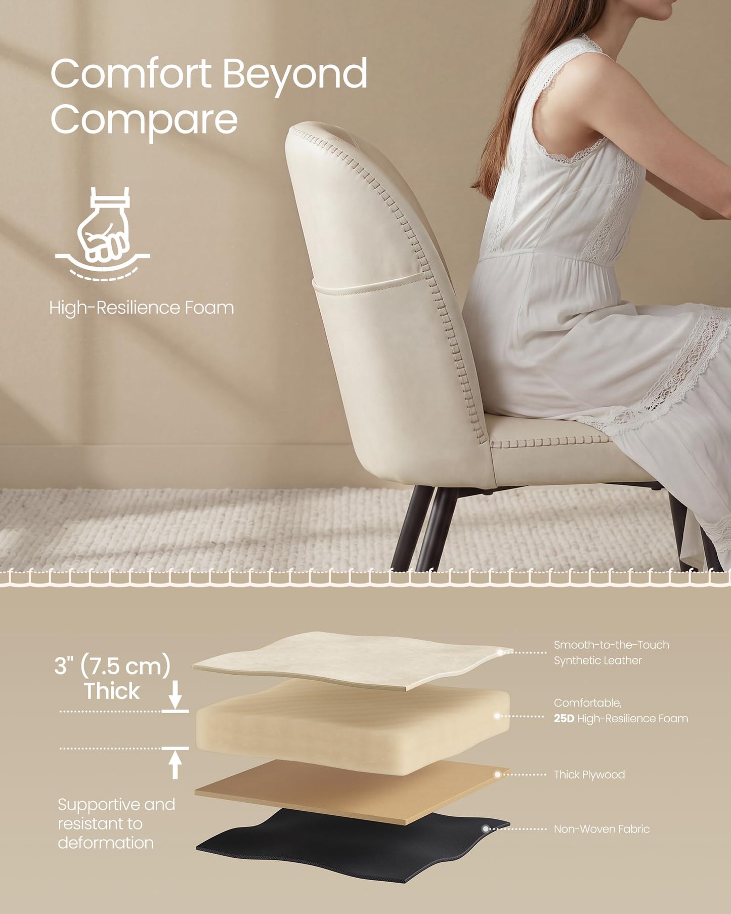 VASAGLE EKHO Collection - Dining Chairs Set of 6, Upholstered Kitchen Chairs, Comfortable Seat, Synthetic Leather with Stitching, Mid-Century Modern, Easy Assembly, with Storage Pocket, Cream White