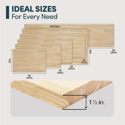 AllForWood 60''L x 36''W x 1.5''Th Hevea Solid Wood Butcher Block Countertop, Butcher Block Table Top for DIY Washer Dryer/Island/Kitchen Countertop (Unfinished)