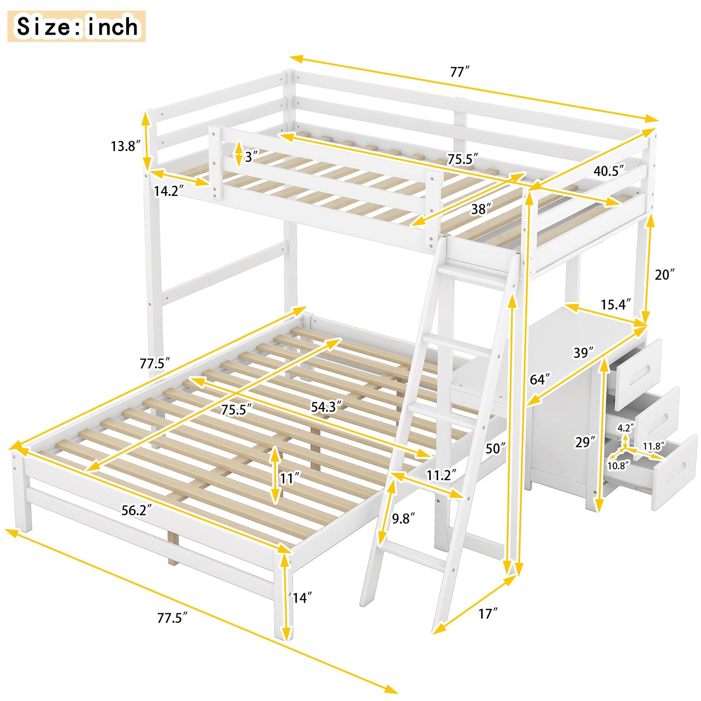 YOPTO Twin Over Full Bunk Bed with Built-in Desk and Three Drawers,Pine Wood Convertible Twin Over Full L-Shaped Loft Bunk Bed Frame for Kids Teens Adults,White