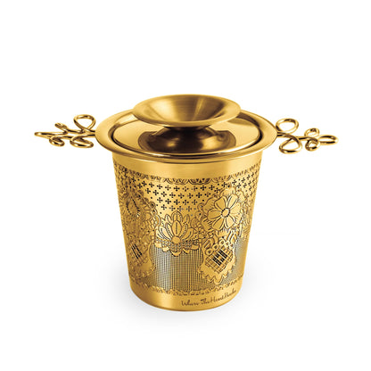 Premium Stainless Steel Tea Infuser Basket Gift Set - Gold Plated Loose Leaf Tea Steeper with Floral Engraved Lid, Stand & Fine Mesh Filter | Best Tea Strainer for Tea Lover