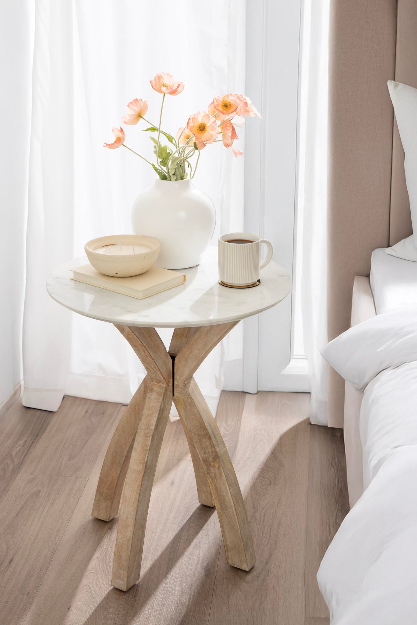 Kate and Laurel Soleyn Coastal Wood and Authentic Marble Side Table, 20 x 20 x 24, White Marble and Light Natural, Round Marble End Table for Use as Bedroom Nightstand or Living Room Accent