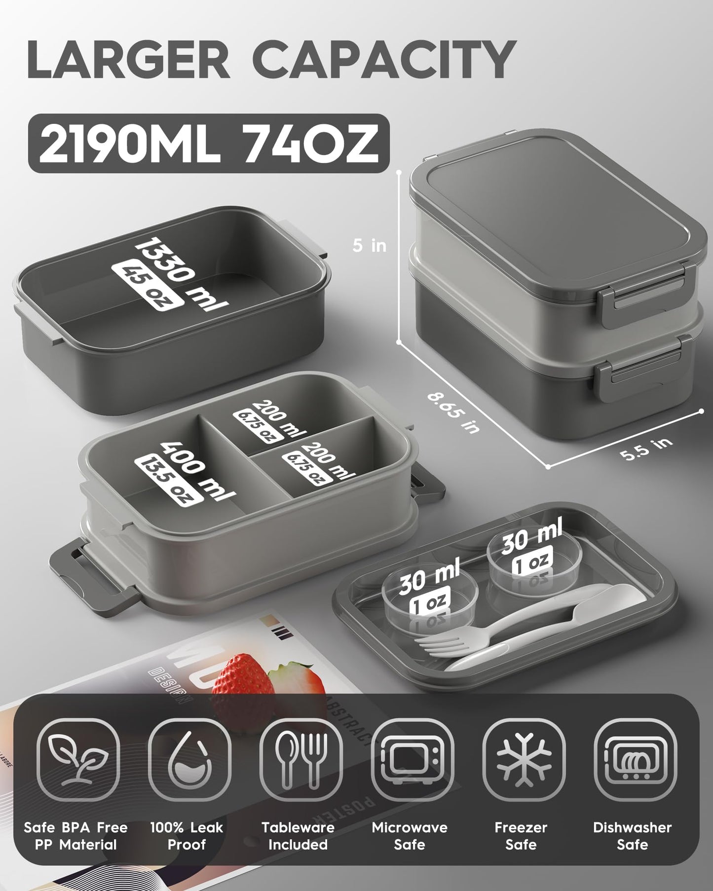 KEMETHY Adults Bento Lunch Box Set with Thermo Bag, 74oz Stackable Leak-proof 3-tiers Bento Box, Built-in Utensil and Sauce Container for Work, School, Dining Out (Gray)