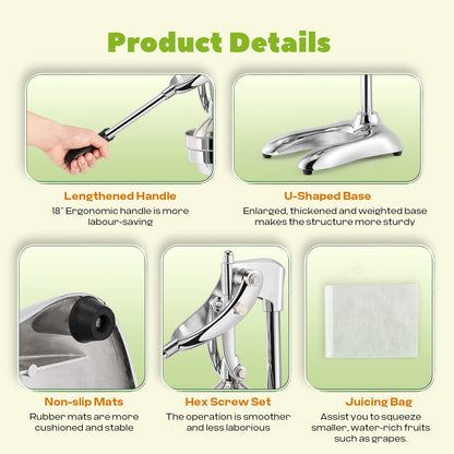 Luzrise Manual Juicer Hand Press Professional Citrus Juicer Countertop Metal Orange Lemon Pomegranate Squeezer for Commercial Home Restaurant Use( Stainless Steel Heavy Duty Extra Large 7.4*9.8*19.3")