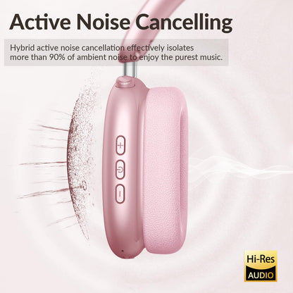 Wentronic Y02 Active Noise Cancelling Headphones,60H Battery,5 EQ Music Modes,Hi-Res Audio,Deep Bass,Foldable Wireless Over Ear Bluetooth 5.4 Headset,Breathable Leather Earpads (Pink)