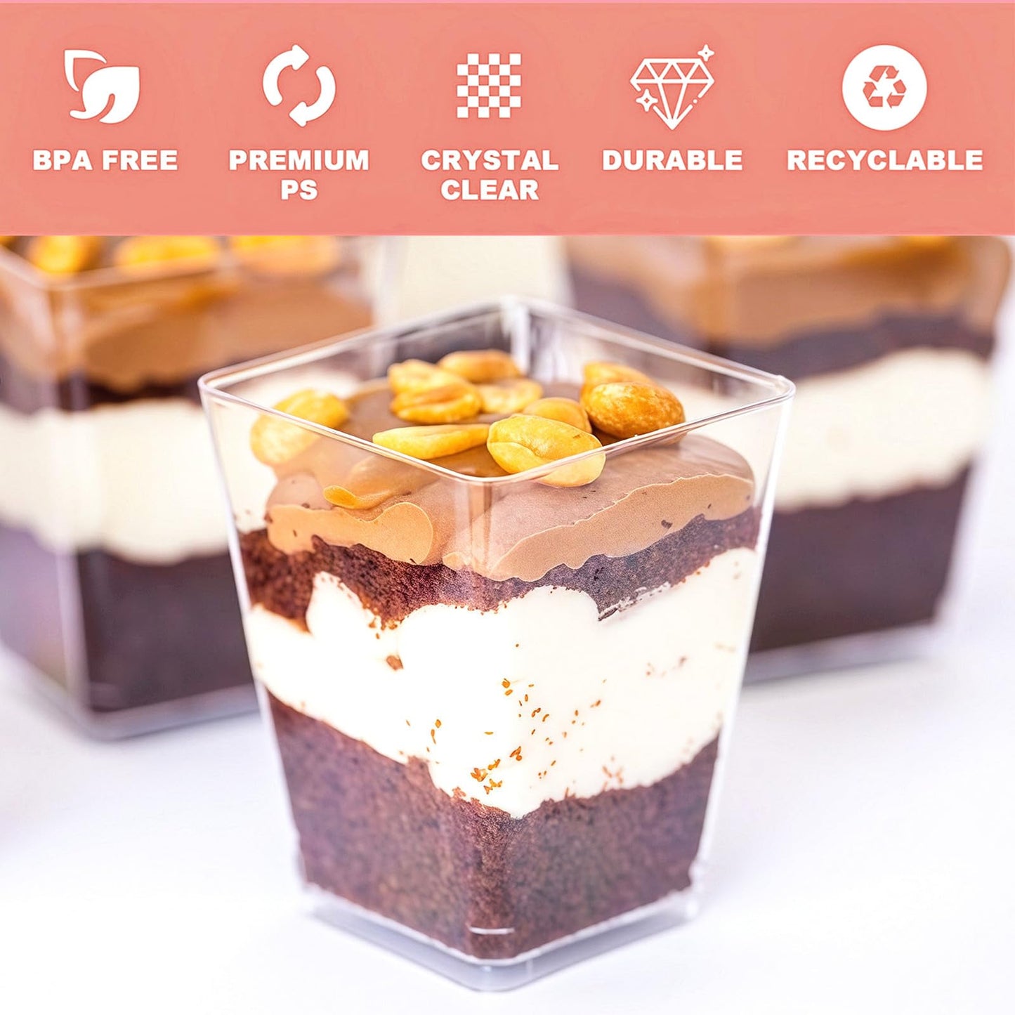 Zezzxu 5 oz Square Mini Dessert Cups with Spoons - 50 Pack Plastic Pudding & Parfait Cups Party Dessert Shooters for Serving Trifle Mousse Cake Appetizers