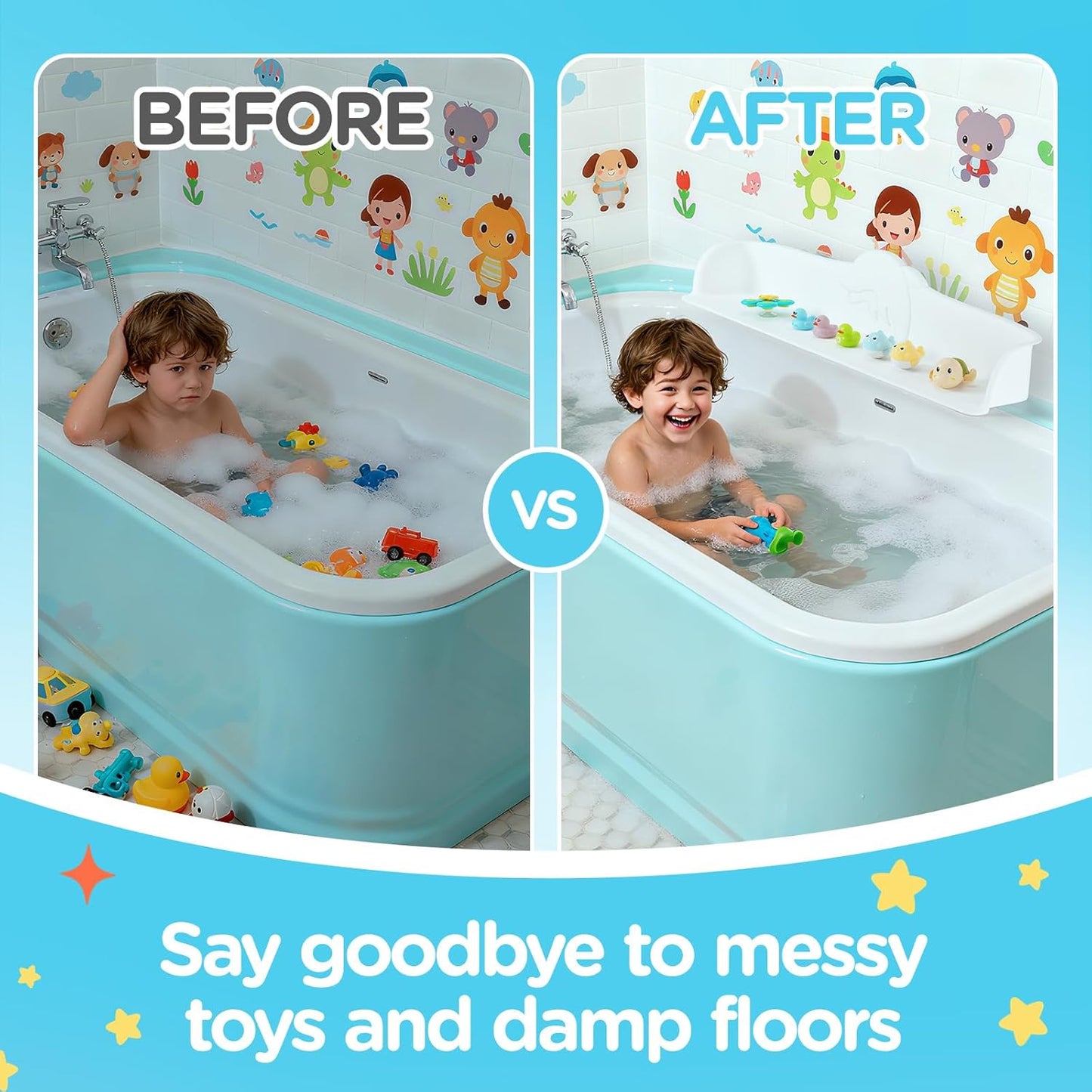 Nelebe Rhh 3FT Dolphin Pattern Bathtub Splash Guard Play Shelf for the Wide &Straight Bathtub Edge Toy Tray Caddy
