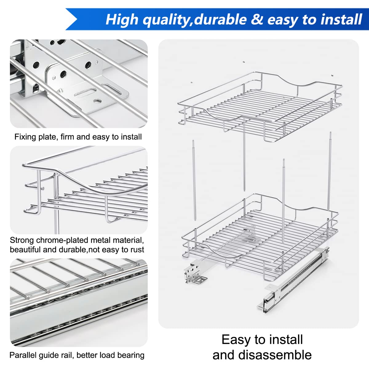Fulgente Chrome Finish Pull Out Drawer Cabinet Organizer, Professional Wire Frame 2 Tier Heavy Duty Slide Out Kitchen Cabinet Storage Shelves, Sliding Drawer for Cabinet 11"W x 21"D