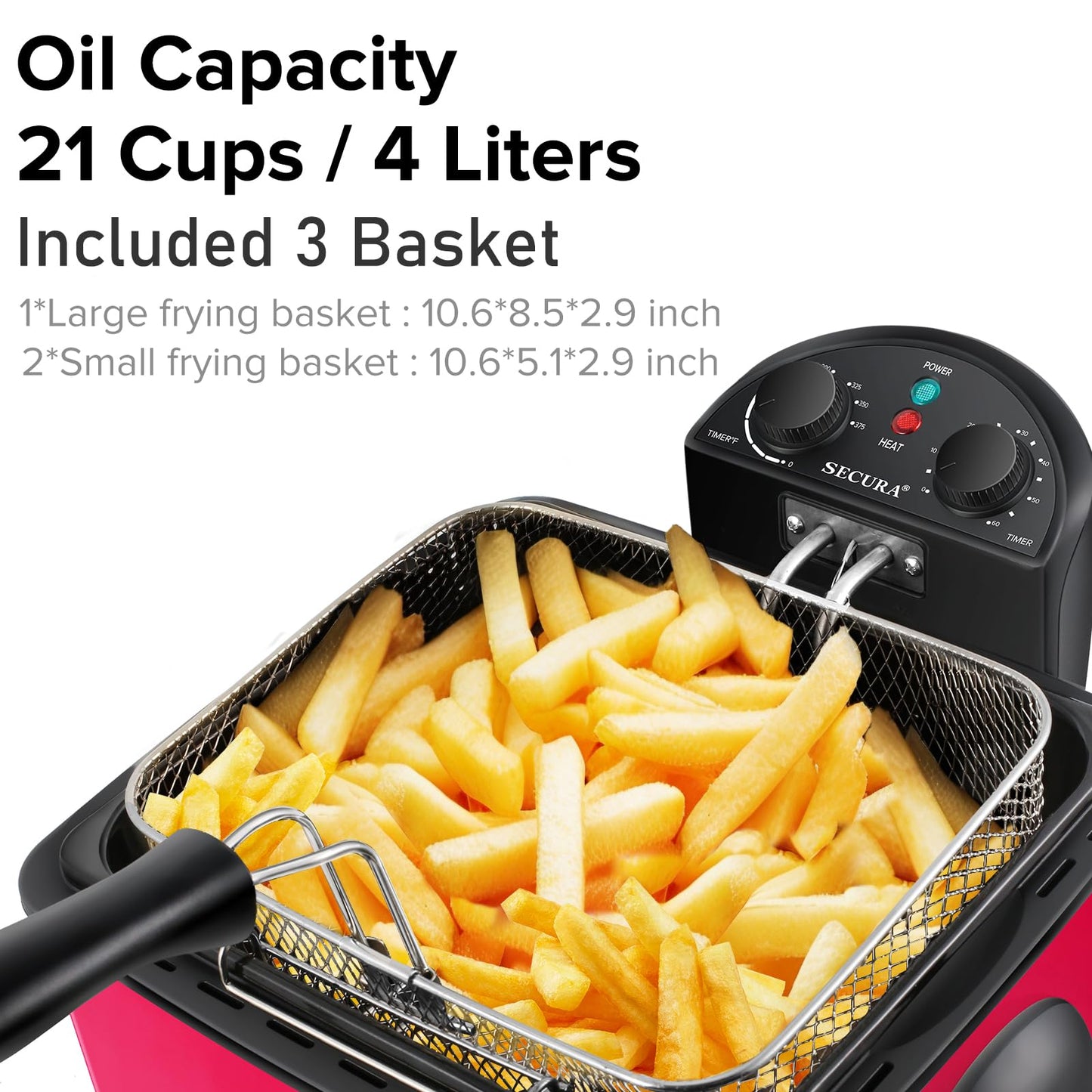 Secura 1700-Watt Stainless-Steel Triple Basket Electric Deep Fryer with Timer Free Extra Odor Filter, 4L/17-Cup, Red