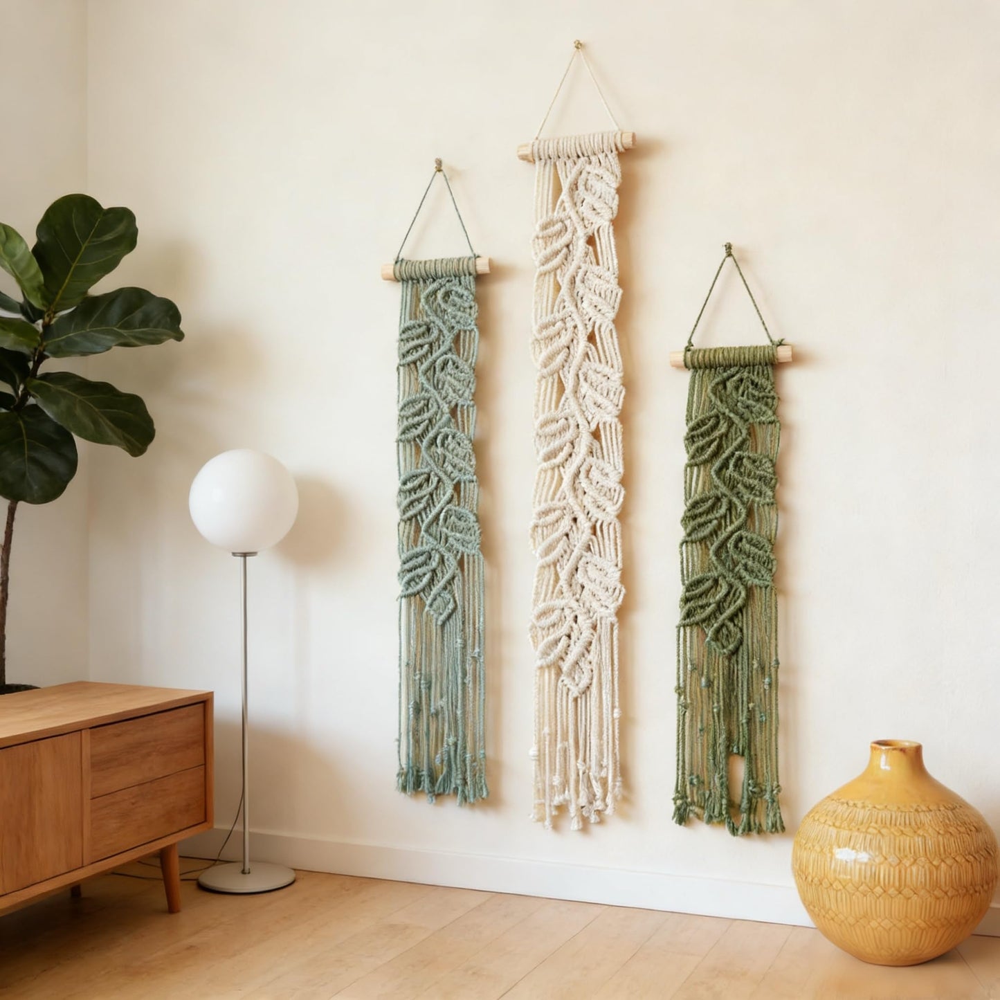 M MANUAL 3 Pcs Macrame Leaf Wall Hanging Bohemian Wall Decor Feathers Wall Art Green Fall Leaf Wall Hanging Boho Headboard Decor Wall Art