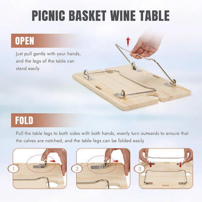 HappyPicnic Picnic Basket for 2, Handmade Wicker Picnic Set with Folding Table and Waterproof Blanket, Large Insulated Picnic Basket with Wine Bag & Cutlery Kit for Picnic, Camping, Holidays (Cherry)