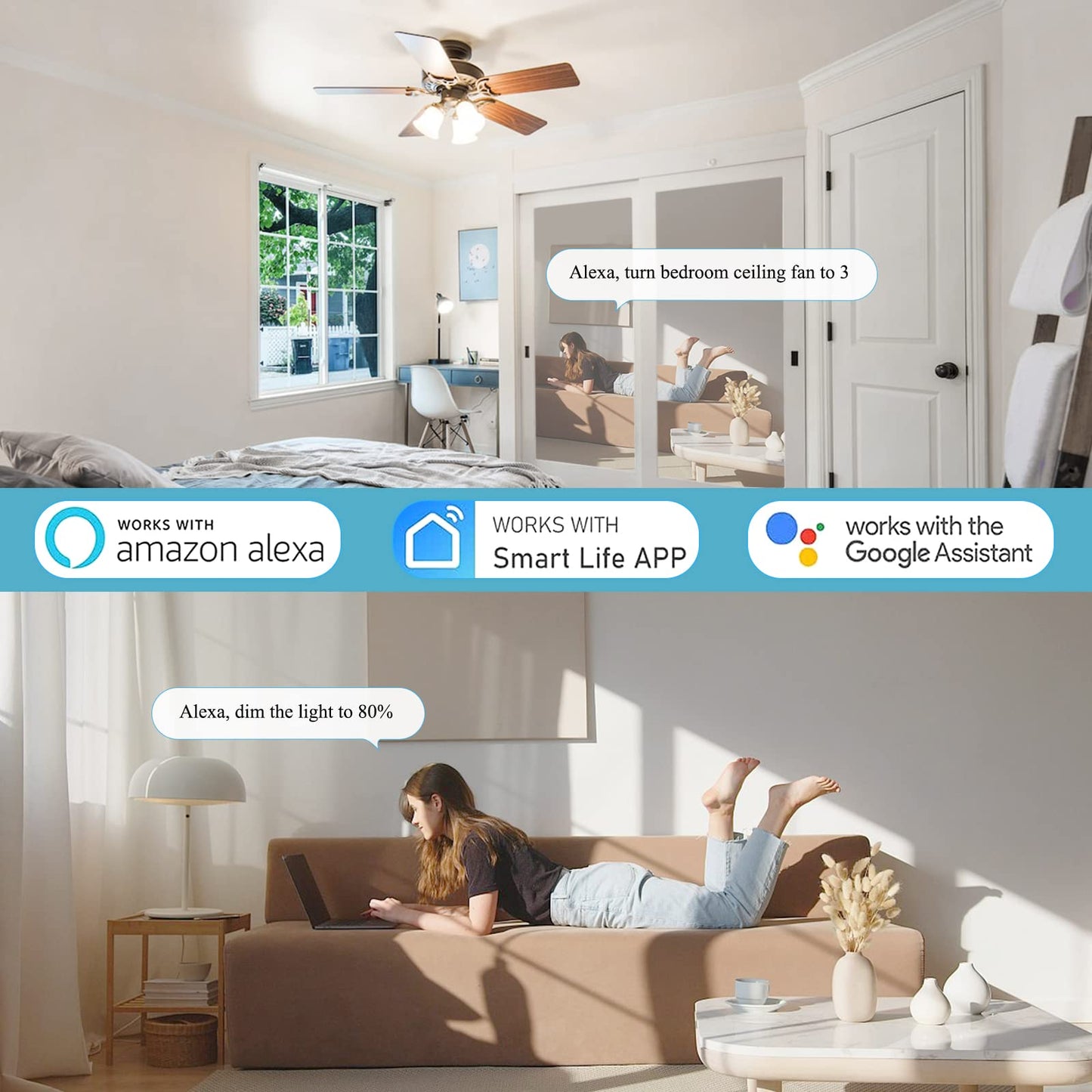 Smart WiFi Ceiling Fan Remote Control Kit, Universal 3 Speed Ceiling Fan Control with Dimmer, Compatible with Alexa, Google Assistant and Smart Life App, Remote Control Timing