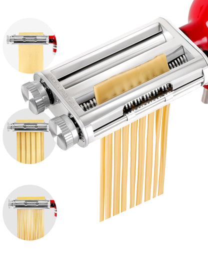 Pasta Maker Attachment for KitchenAid Stand Mixers, 3-in-1 Pasta Roller & Cutter Set with Spaghetti and Fettuccine Cutter Blades, Adjustable 8 Thickness Settings, Durable Metal Construction