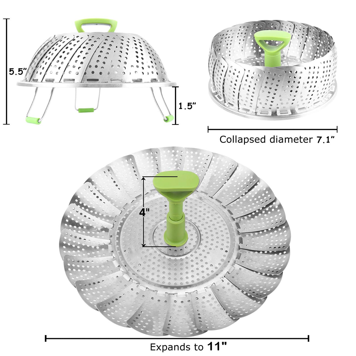 Consevisen Vegetable Steamer Basket for Cooking Food, Stainless Steel Veggie Steam Basket for Pot, Folding Expandable Steaming Insert with Extendable Handle Fits Various Size Pot, 7.1" to 11"