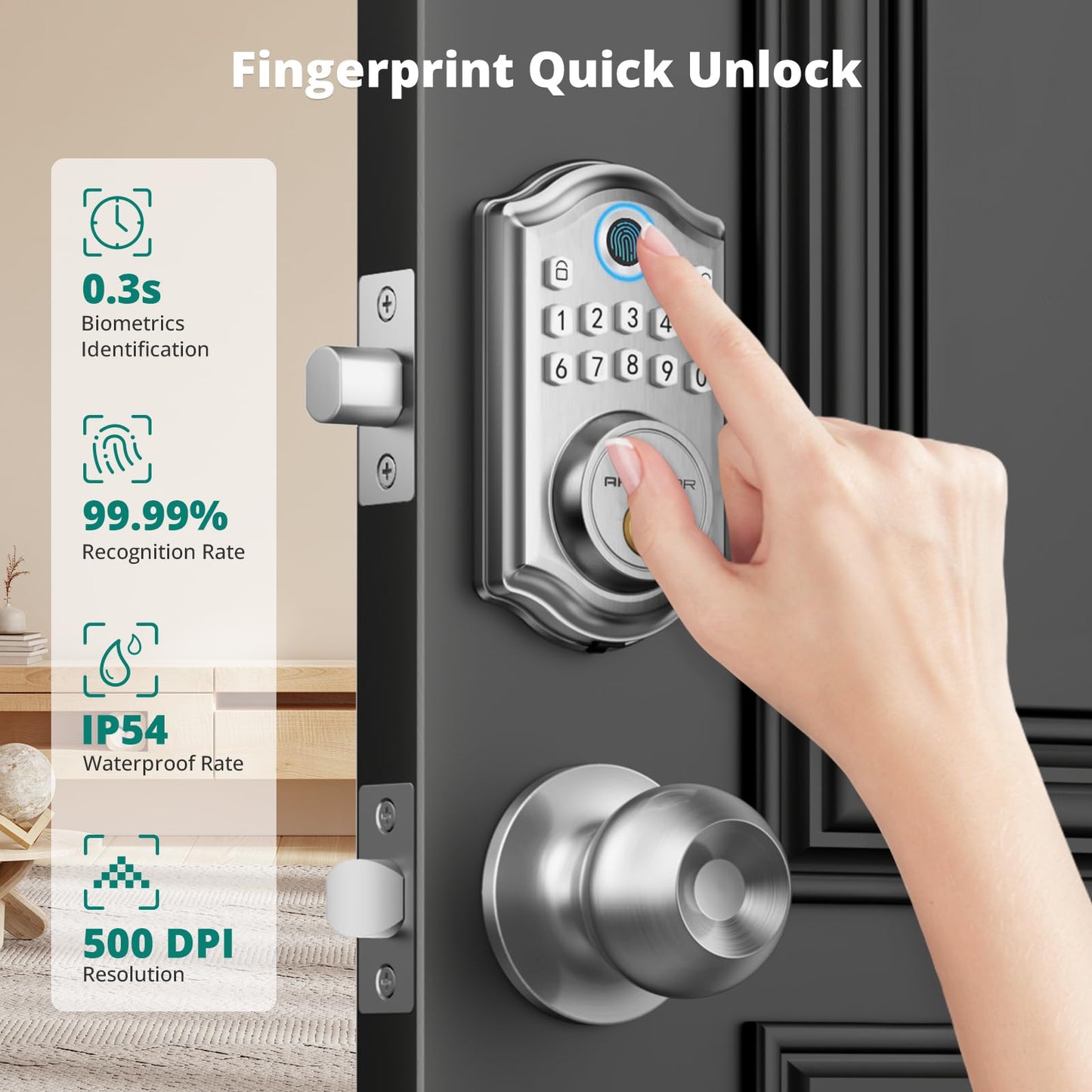 Keyless Entry Door Lock with Handle Set - Fingerprint Door Locks, Electronic Keypad Deadbolt, Smart Locks for Front Door, Auto-Lock & One Touch Locking, Easy Installation - Satin Nickel