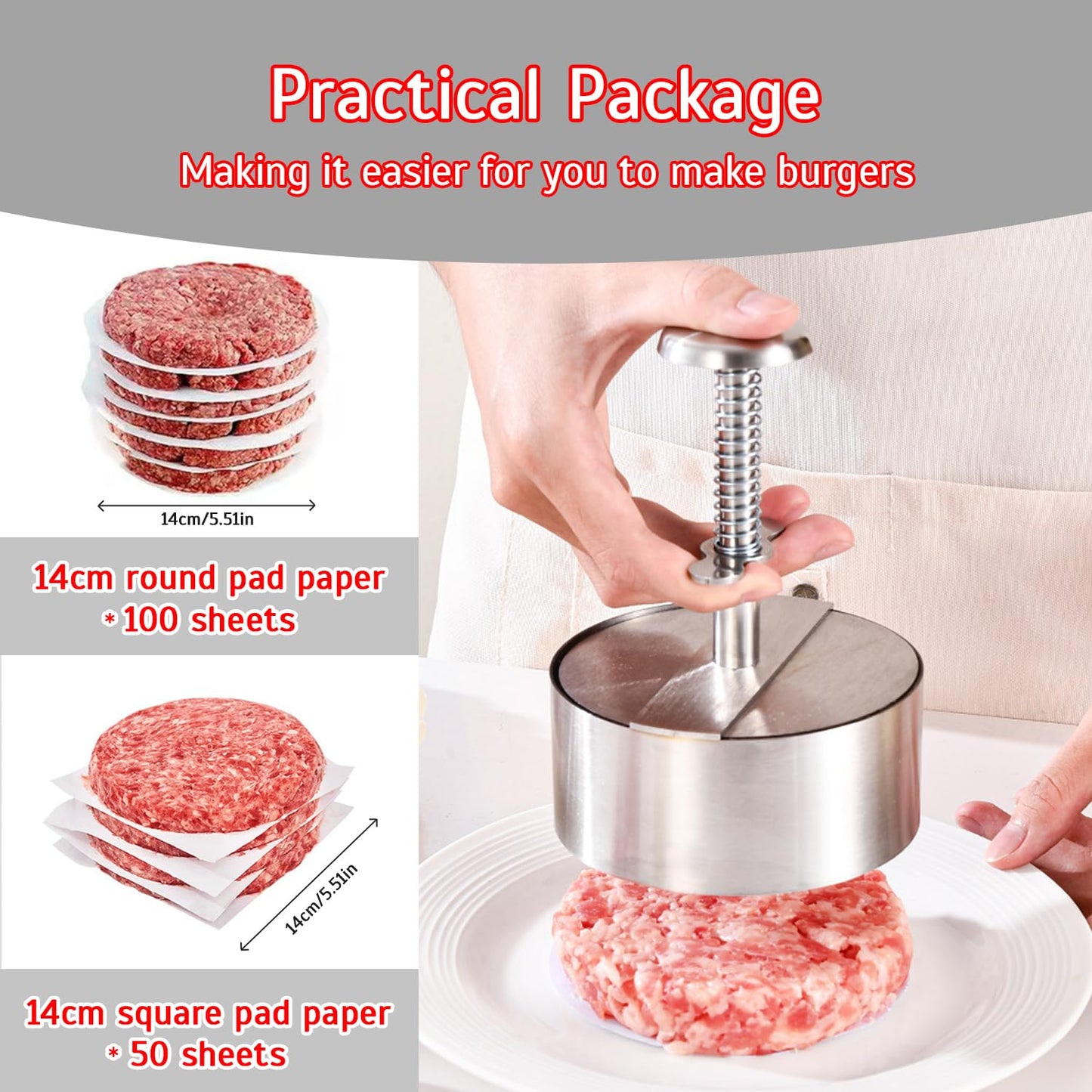 IGRARK Stainless Steel Burger Press,4.5" Hamburger Patty Maker,with Non-Stick Mold & Spring Button, Heavy Duty Easy Release,with 150 Pieces of greaseproof Paper for Beef, Burgers, BBQ