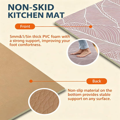 CHKYUZEN PVC Foam Anti Fatigue Printed Kitchen Mat and Rug, Foot Comfort, Anti Slip, Stain Release, Set of 2pcs (17"x30" & 17" x47), (2pc Set, Leaf Design)