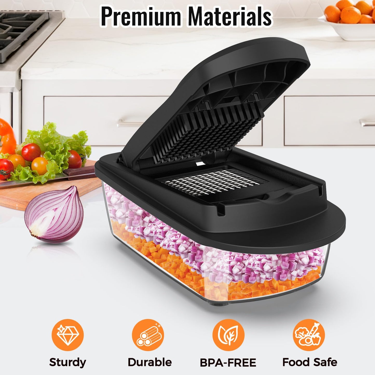 8 Blade All-in-1 Vegetable Chopper Mandoline Slicer with Container, Food Chopper, Onion Chopper, Veggie Cutter for Salad, Kitchen Gadgets Accessories Essentials, Black