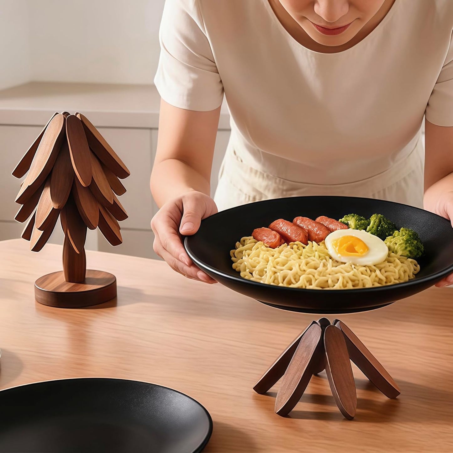 Buanson 5 1 Wooden Tree Trivets for Hot Dishes, Foldable Kitchen Wooden Trivet for Pan, Pot, Bowl, Teapot, Hot Pot