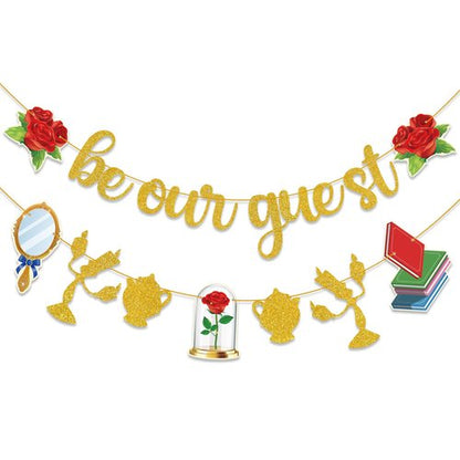 Gold Be Our Guest Banner, Glitter Cartoon Princess Birthday banner Cartoon Theme Party Banner Baby Shower Birthday Party Decorations For Girls Boys