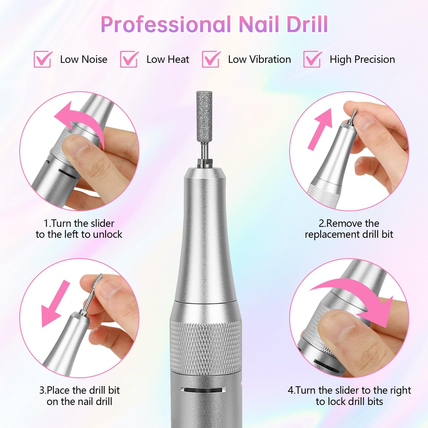 Electric Nail Drill - 45000RPM Portable Nail Drill丨Rechargeable Nail E-File Kit with 11 Bits & Base丨LED Screen丨Ultra-Silent, Rechargeable Nail Drills Machine for Acrylic Nails Gel Polishing(Pink)