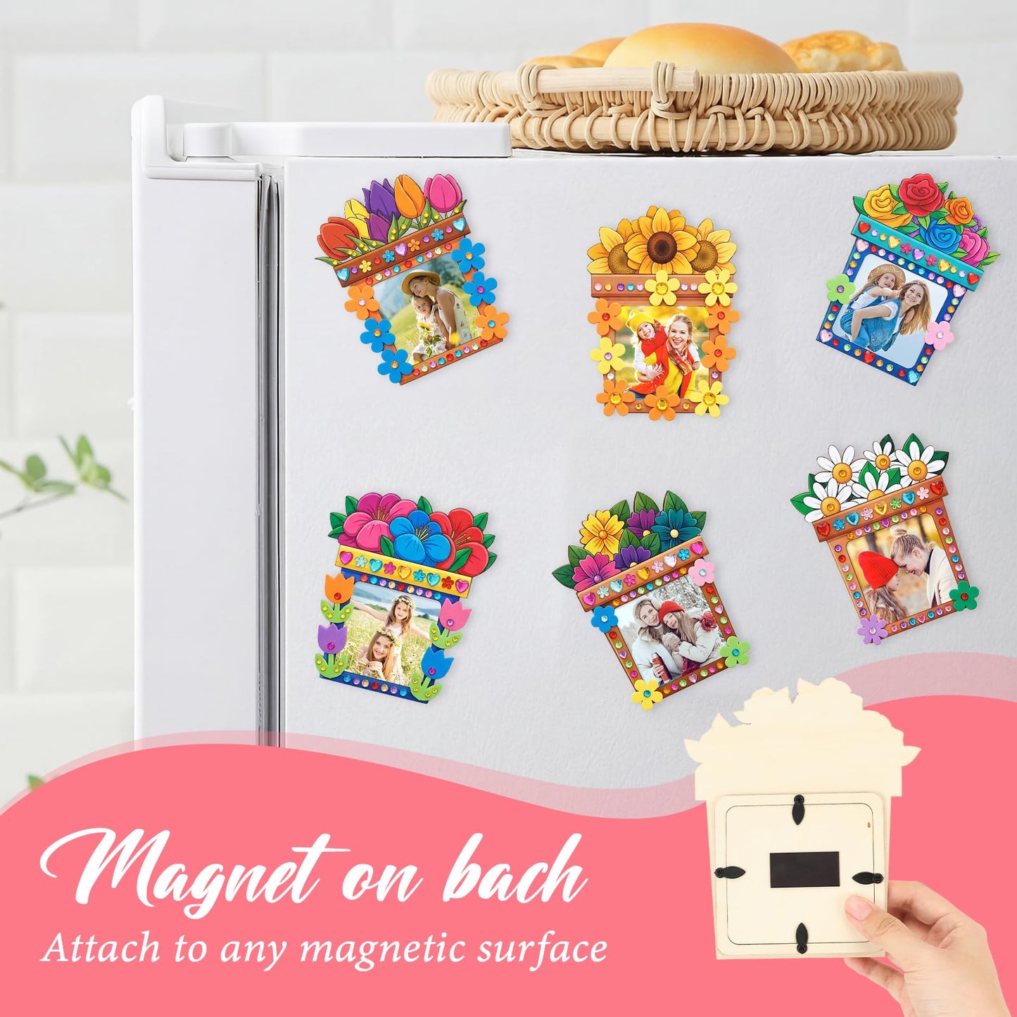 Bafeil 24 Pcs DIY Wooden Picture Frame Craft Kit, Mother's Day Flower Photo Frame Magnets to Paint, Unfinished Wood Frames with Color Pens, Gem Stickers & EVA Foam Shapes, Handmade Gift Set