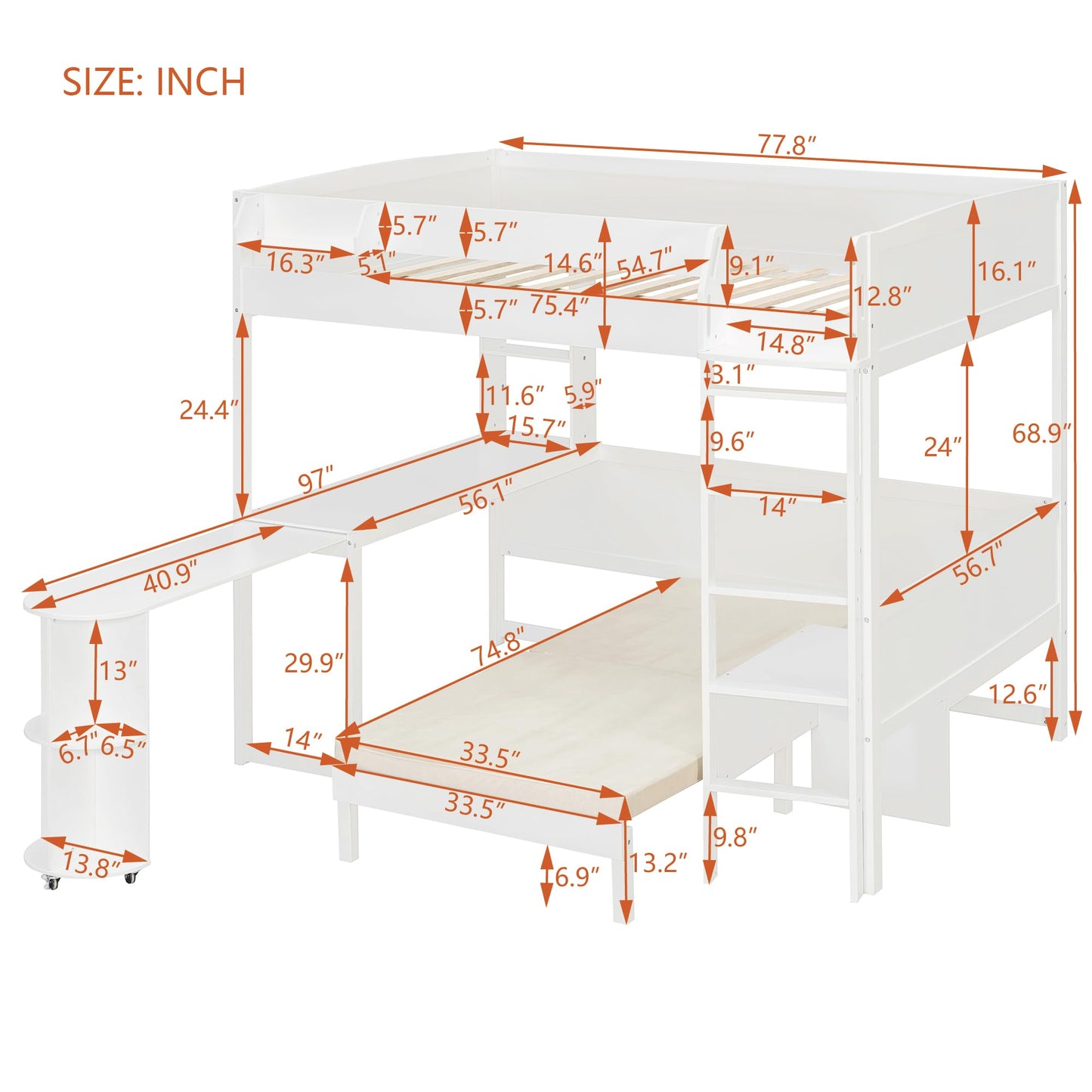 Merax Full Size Loft Bed with Extendable Desk and Lights, Wood Loft Bed Frame with Storage Shelves & Padded Foldable Sofa, Space-Saving Loft Bed for Teens Adults, Dorm Apartment, White