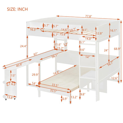 Merax Full Size Loft Bed with Extendable Desk and Lights, Wood Loft Bed Frame with Storage Shelves & Padded Foldable Sofa, Space-Saving Loft Bed for Teens Adults, Dorm Apartment, White