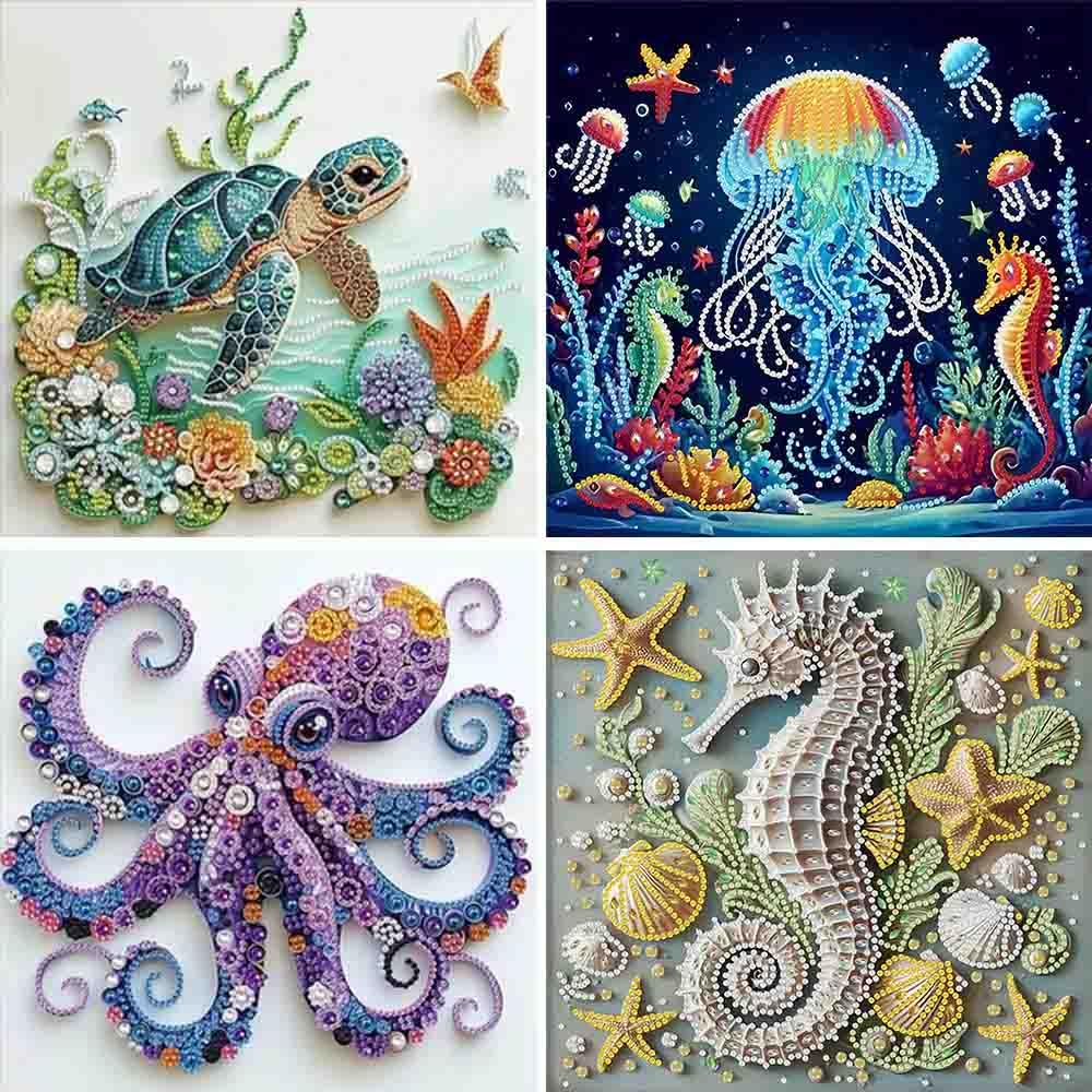 4 pack Marine Animals Special Shape Diamond Painting Kits for Beginner,Crystal Rhinestones Diamond Dots Diamond Art Accessories DIY Diamond Art Kits for Adults for Beginner for Home Wall Decor
