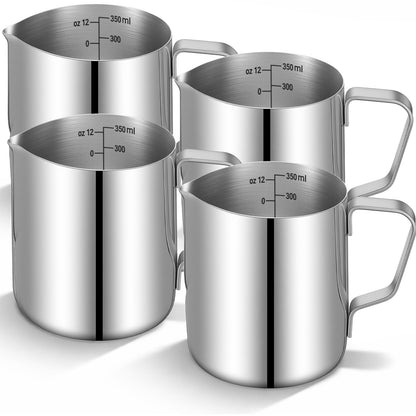 4 Pcs Milk Frothing Pitcher Espresso Steaming Pitchers 12 Oz Stainless Steel Milk Steamer Cup Frother Jug for Espresso, Latte Art, Chai Cappuccino Hot Chocolate