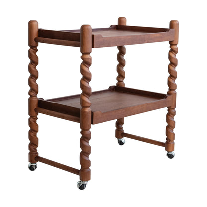 Creative Co-Op Brushed Rubberwood 2-Tier Bar Cart with Turned Legs on Casters, Walnut Finish