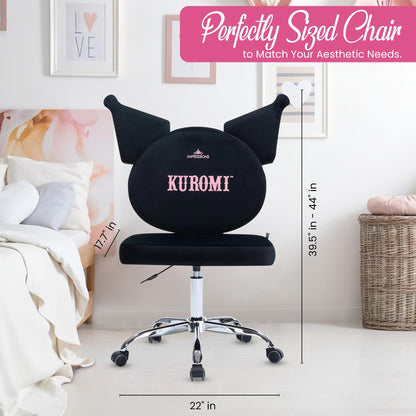 Impressions Vanity Kuromi Swivel Vanity Chair with Wheels | Adjustable Height Silver Metallic Base 360-Degree Spin Armless Padded Cute Velvet Makeup Vanity Chair | Cute Desk Chair for Bedroom, Black