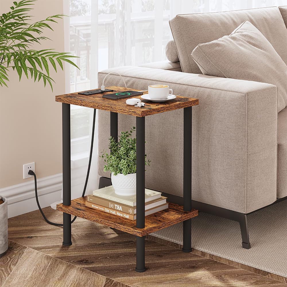 2-Tier UTBT105F VIMBER Side Table with Charging Station, End Tables with USB Port and Outlets, Nightstands with Storage