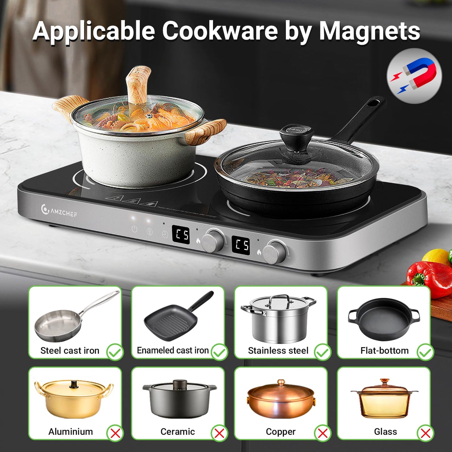 AMZCHEF Double Induction Cooktop with Removable Griddle Pan Non-stick, 1800W 2 burner Portable Induction Stove With Sensor Touch 9 Power Levels, 99 Min Timer, Iron Grey